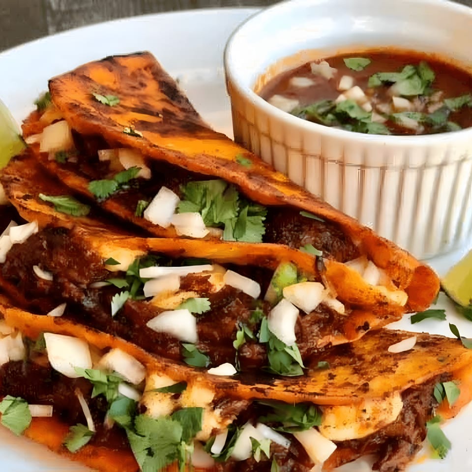 Three MissTakoz birria tacos with cilantro and onions, served with a side of consommé.