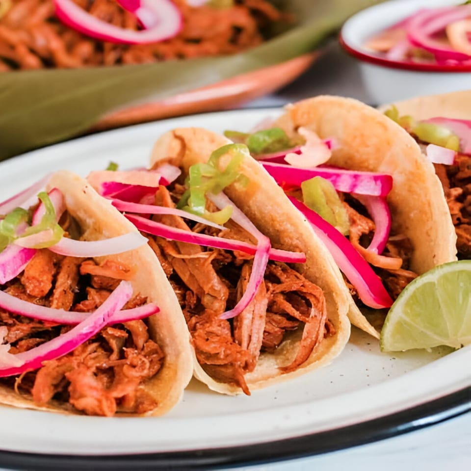 Three MissTakoz tacos with shredded meat, pickled red onions, green peppers, and a lime wedge.